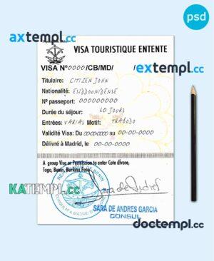 sample Cote D’Ivoire, Togo, Benin, Burkina Faso tourist visa PSD template, with fonts download