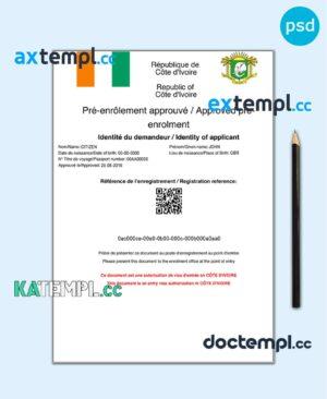 sample Cote D'Ivoire e-visa PSD template, with fonts download