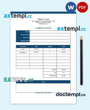 sample Free Labor Invoice template in word and pdf format download