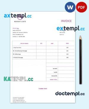 sample Free Massage Invoice template in word and pdf format download
