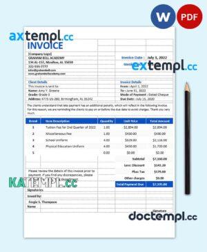 sample Free Sample School Invoice template in word and pdf format download