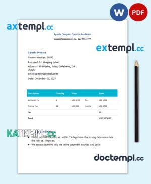 sample Free Sports Invoice template in word and pdf format download