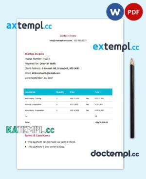 sample Free Startup Invoice template in word and pdf format download