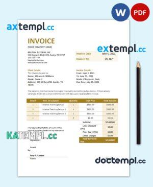 sample Free Teaching Invoice template in word and pdf format download