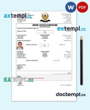 sample Iraq e-visa Word and PDF template, fully editable download
