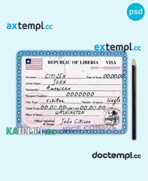sample Liberia tourist visa PSD template, with fonts download
