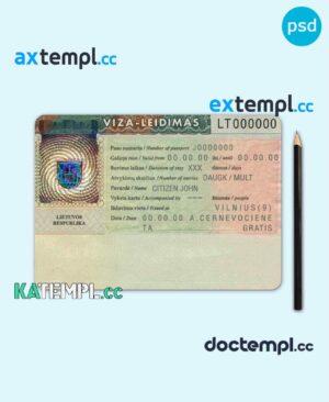 sample Lithuania travel visa PSD template, fully editable download