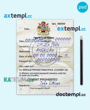 sample Malawi travel visa PSD template, with fonts download