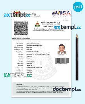 sample Malaysia electronic visa PSD template, fully editable download