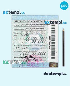 sample Mozambique simple visa PSD template, with fonts download