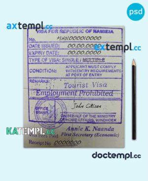 sample Namibia tourist visa stamp PSD template, with fonts download