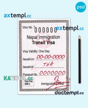 sample Nepal immigration transit visa template in PSD format download