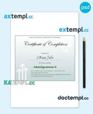 sample Netherlands language grammar certificate of completion PSD template, completely editable download