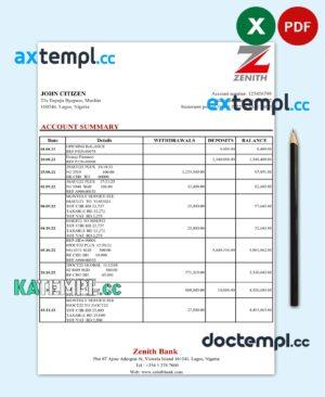sample Nigeria Zenith Bank statement Excel and PDF template download