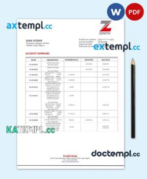 sample Nigeria Zenith Bank statement template in Word and PDF format download