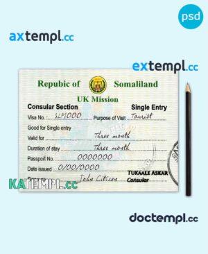 sample Somaliland travel visa PSD template, with fonts download
