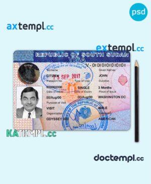 sample South Sundan travel visa PSD template, with fonts download