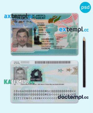 sample USA green card, permanent resident card PSD template, current version, 2023 download