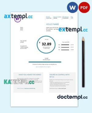 sample United Kingdom BT telecommunications utility bill template in Word and PDF format, version 1 download