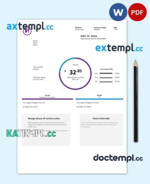 sample United Kingdom BT telecommunications utility bill template in Word and PDF format, version 2 download