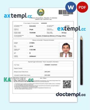 sample Uzbekistan e-visa Word and PDF template download