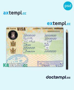 sample Zambia-Zimbabwe travel visa PSD template, with fonts download