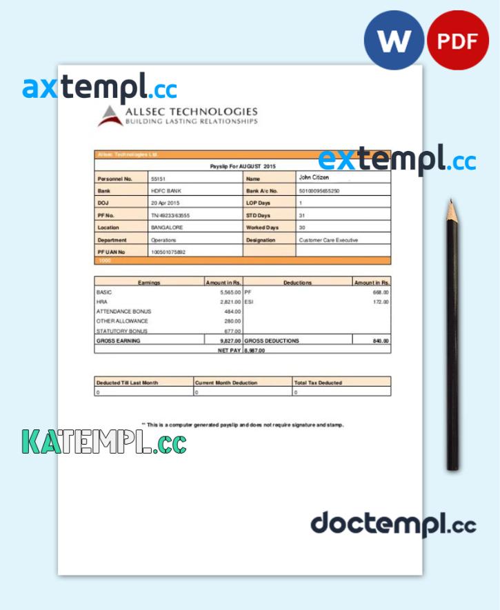 sample ALLSEC Building technologies payslip pay stub template in Word and PDF formats download