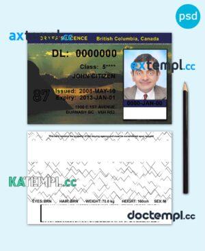 sample Canada British Columbia driving license template in PSD format, version 2 download