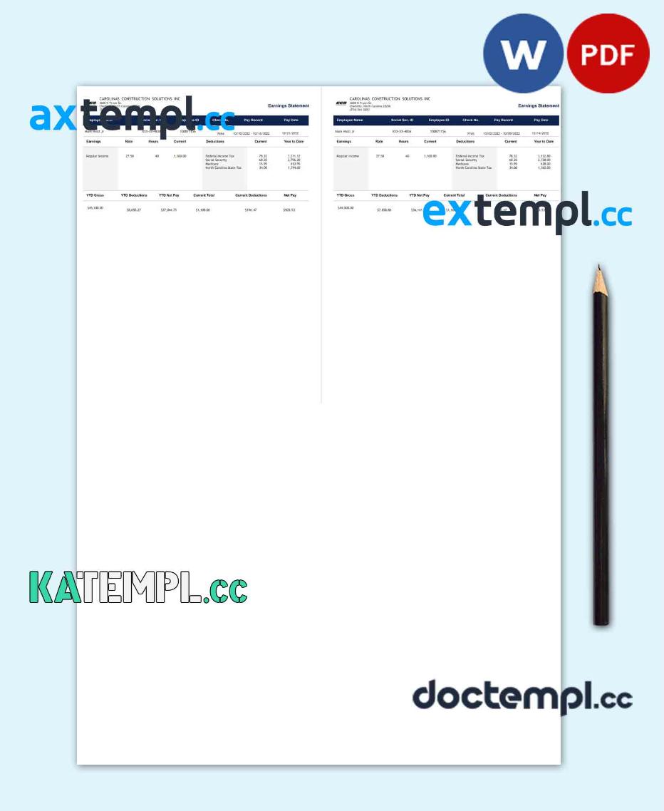 sample Carolinas Construction Solutions INC earnings statement Word and PDF template download