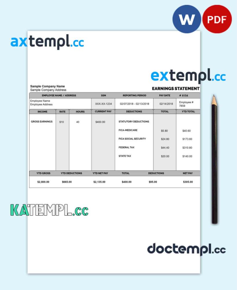 sample EMPLOYEE gross earnings statement template in Word and PDF format download