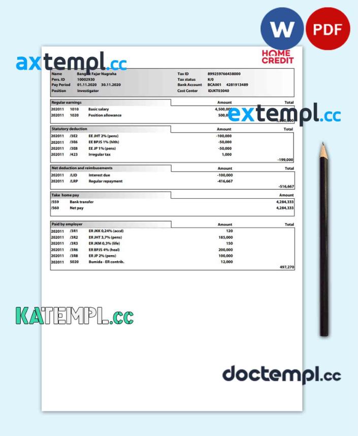 sample Home Credit pay stub Word and PDF template download