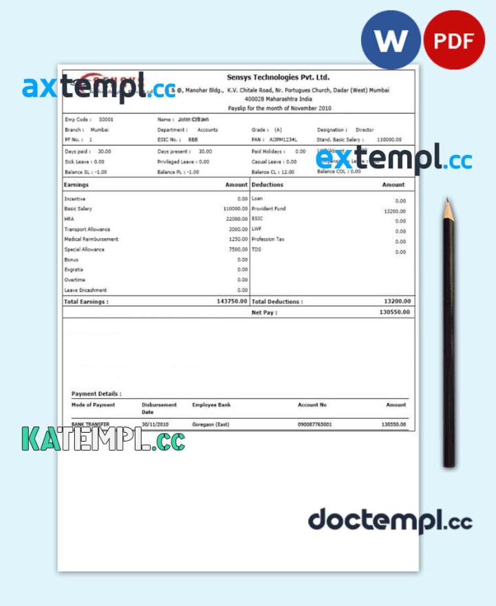 sample INDIA SENSYS technologies Pvt. Ltd. payslip pay stub template in Word and PDF formats download