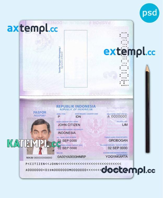 sample Indonesia passport template in PSD format, 2022 - present download
