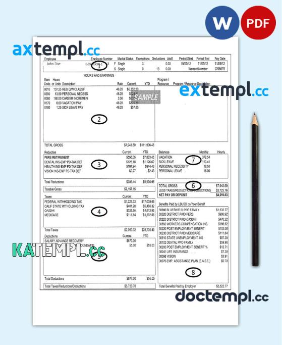 sample Long Beach Unified School district employee pay stub Word and PDF template download