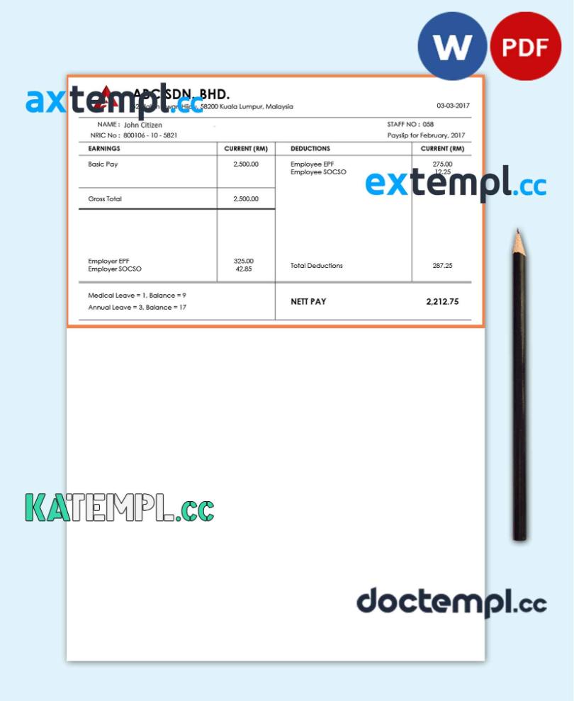 sample MALAYSIA ABC SDN. BHD. pay stub Word and PDF template download