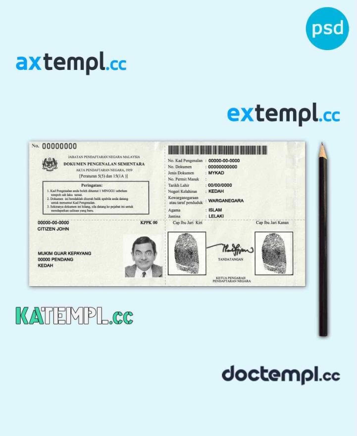 sample Malaysia Temporary Identification Certificate PSD template, 2016 download