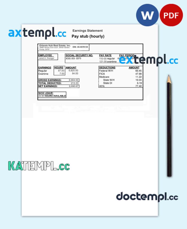 sample ORLANDO HUB REAL ESTATE inc earnings statement template in PDF and Word format download