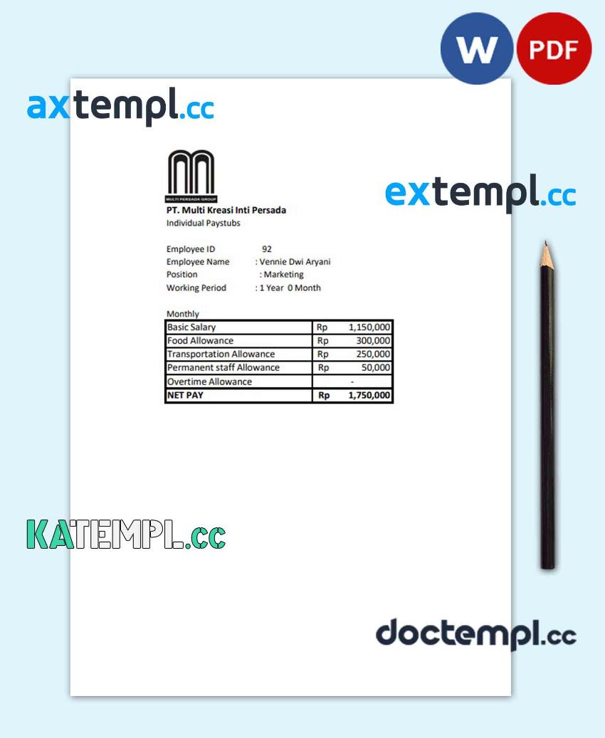 sample PT. Multi Kreasi Inti Persada salary pay stub Word and PDF template download