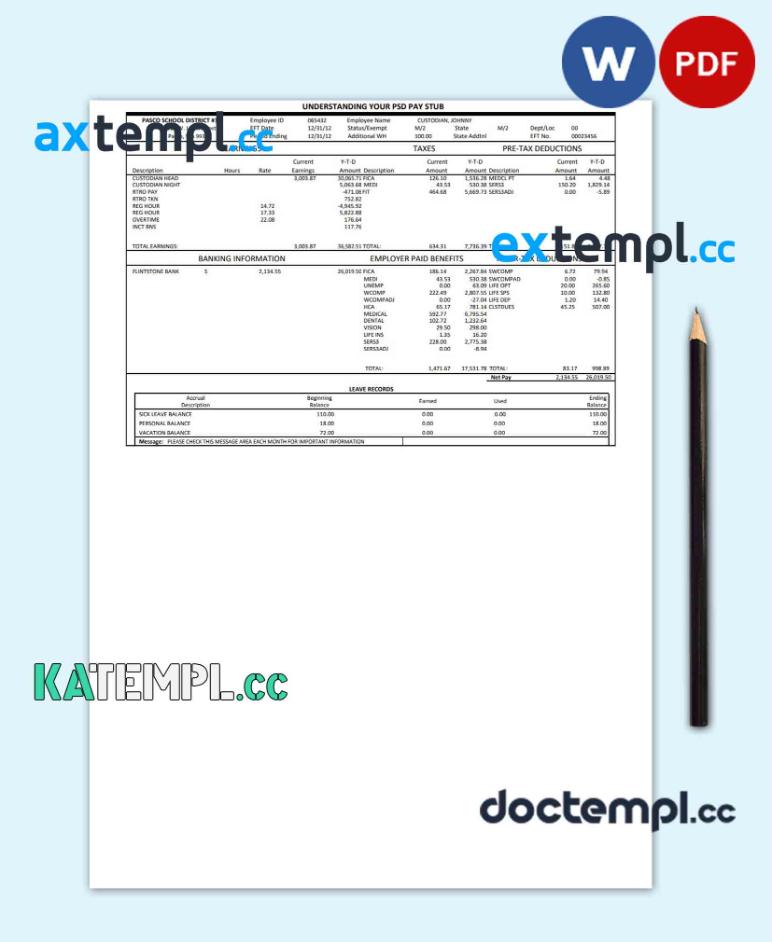 sample Pasco school district pay stub Word and PDF template download