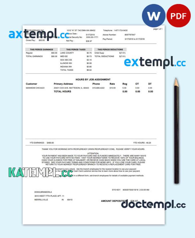 sample Peopleready Paystub Word and PDF template download