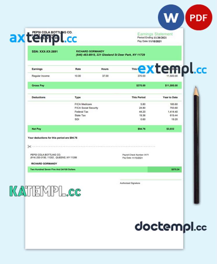 sample Pepsi Cola bottling co earnings statement template in PDF and Word formats download