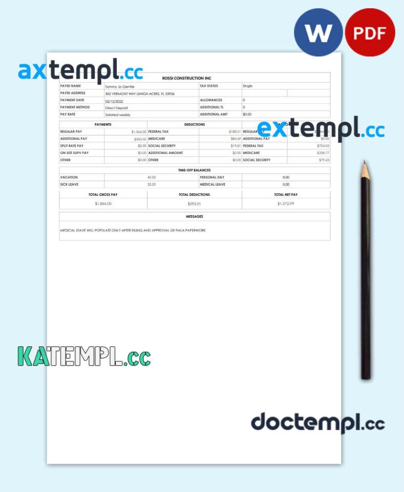 sample Rossi Construction Inc pay stub template in PDF ad Word formats download