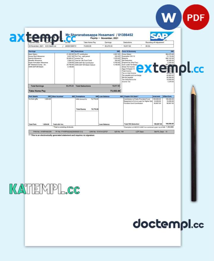 sample Sap Labs Payslip Word and PDF template download