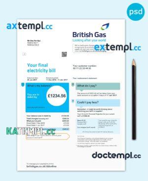 sample United Kingdom British Gas utility bill PSD template download