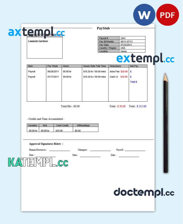 sample WAH PBC Paystub Word and PDF template download