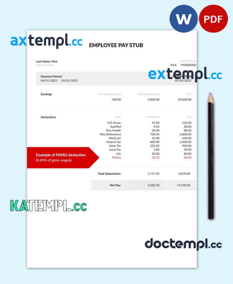 sample Employee pay stub Word and PDF template, version 4 download