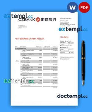 sample CHINA Zheshang Bank business bank statement Word and PDF template download