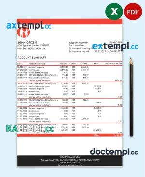 sample Kazakhstan Kaspi bank statement Excel and PDF template download