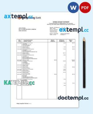 sample Malaysia Hongleong bank statement Word and PDF template, 3 pages download