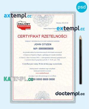 sample Poland business certificate PSD template, with fonts download